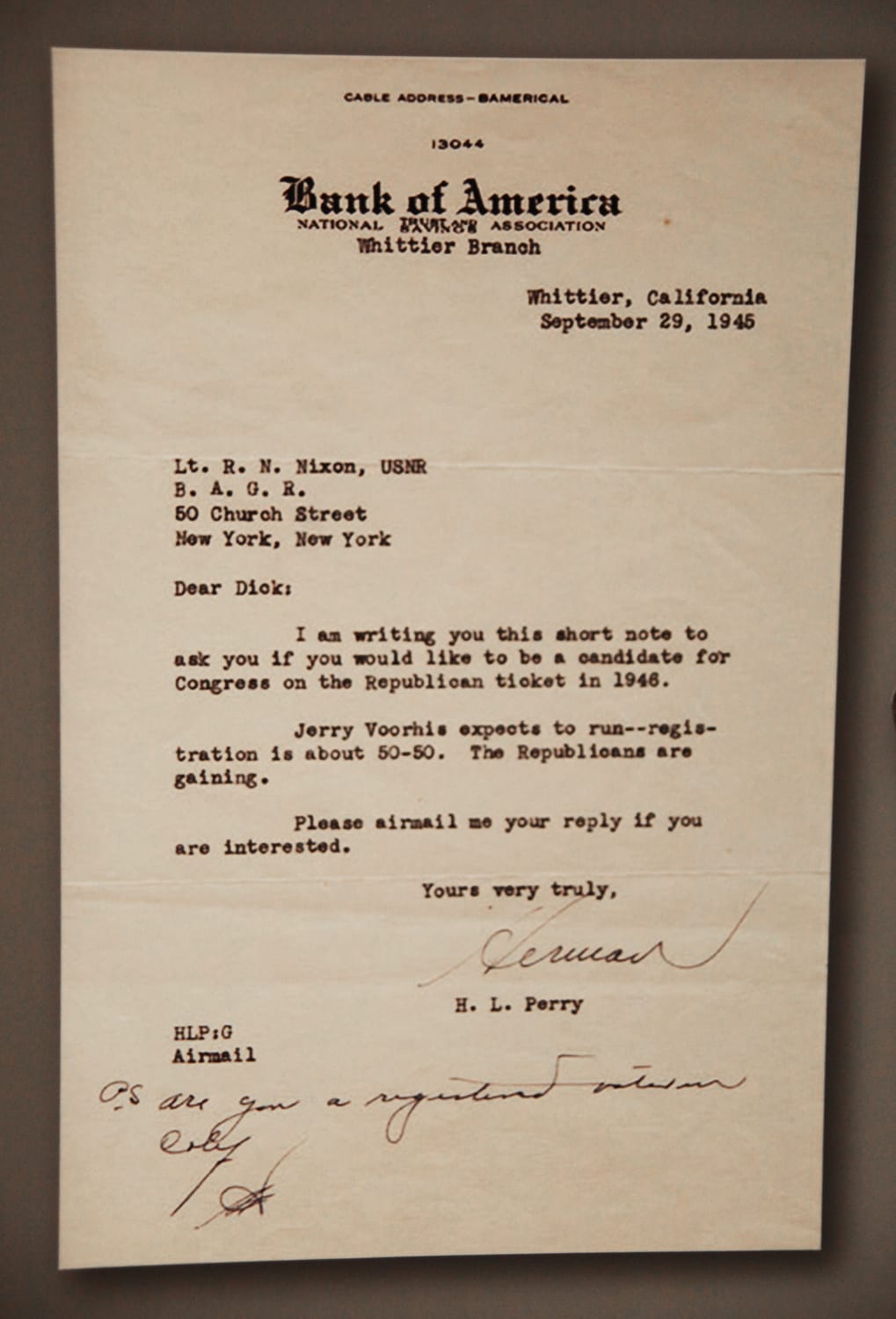 Herman Perry letter to Richard Nixon asking him to run for Congress. (Which he did.) 
