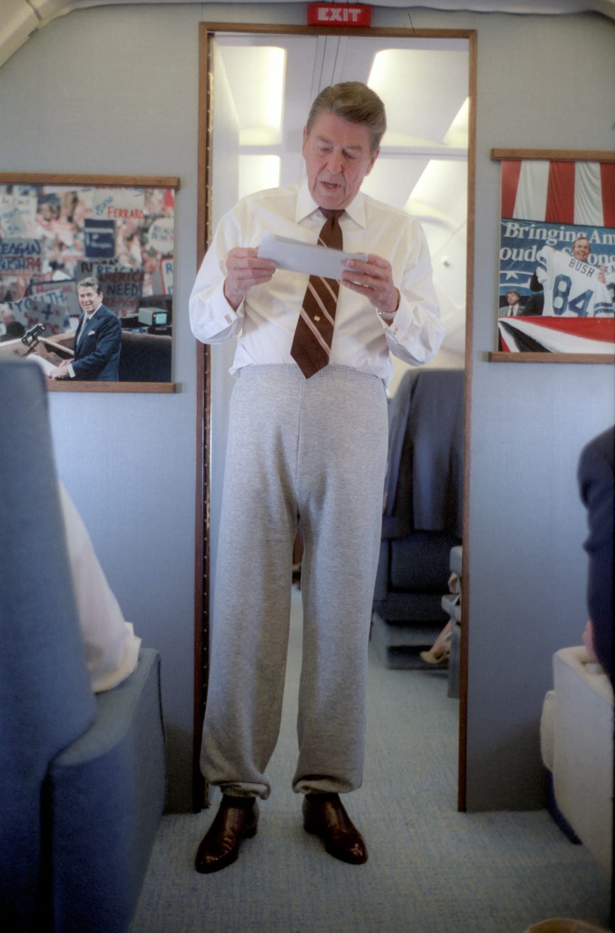 President Reagan wearing sweatpants on Air Force One. 