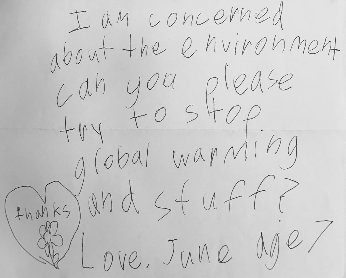 A young child's letter to Senator Kamala Harris asking her to stop global warming.