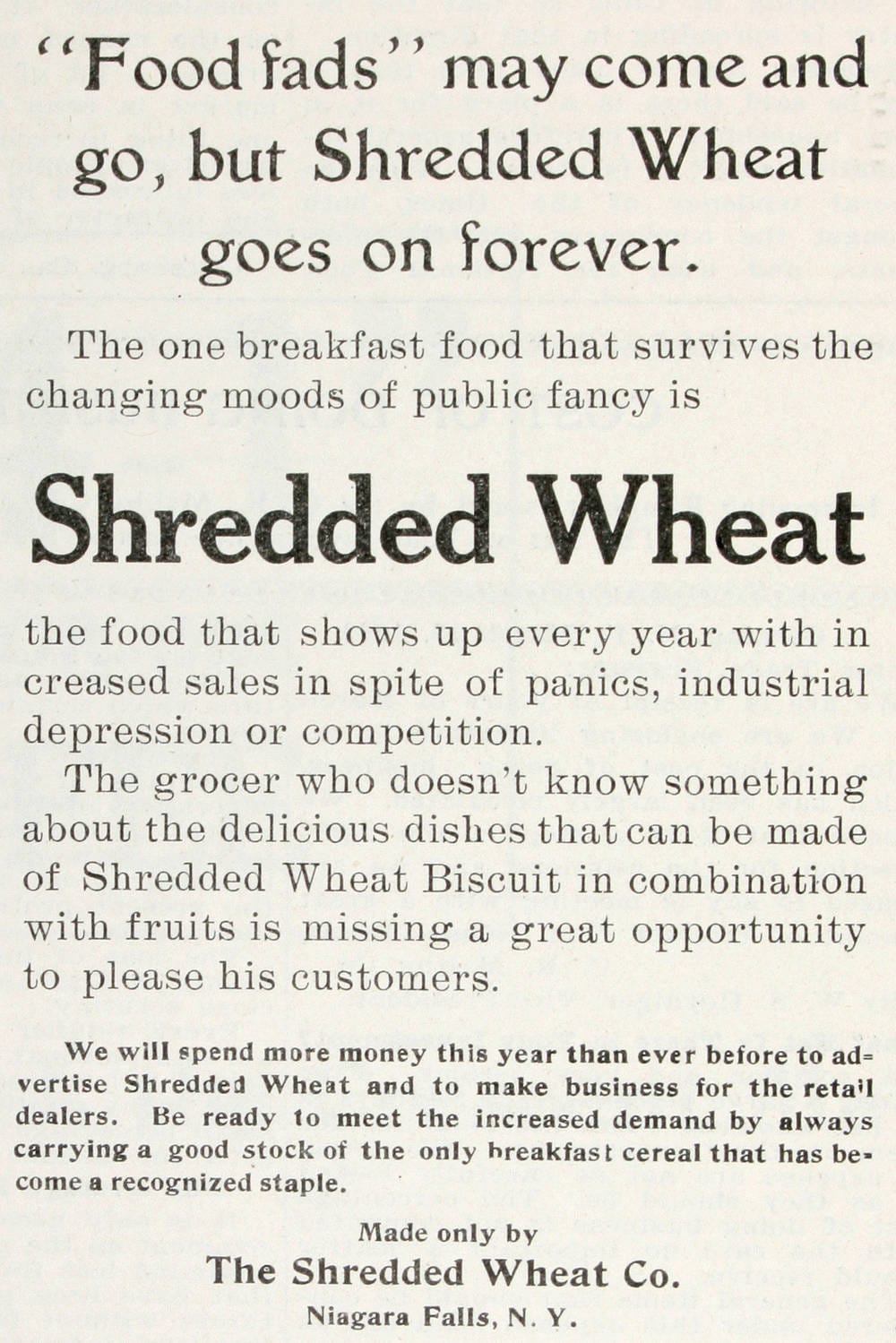 An early 20th century ad for Shredded Wheat. 