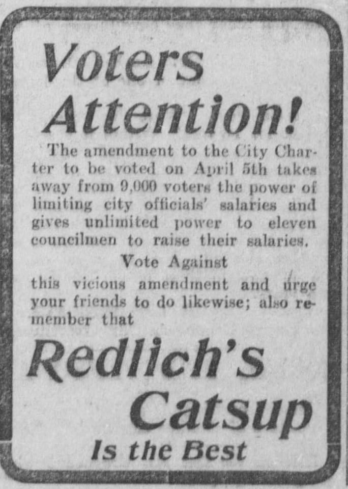 Vintage Redlich's Catsup ad encouraging a vote against a Tacoma, Washington City Council amendment. 